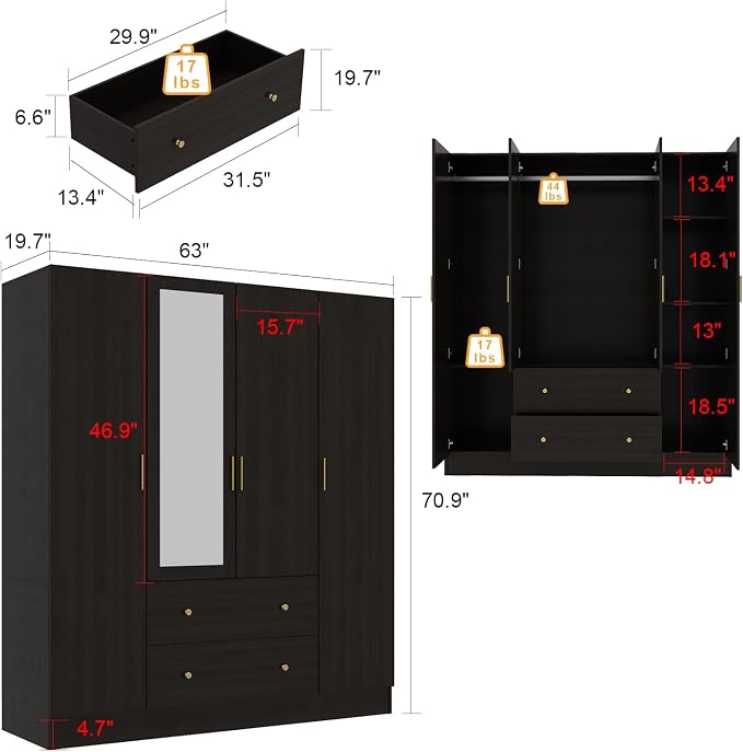 ECACAD Dark Brown Wardrobe Armoire with Mirror, 5-Tier Shelves, 2 Drawers, 2 Hanging Rods and 4 Doors, Wooden Closet Storage Cabinet for Bedroom (63”W x 19.7”D x 70.9”H)