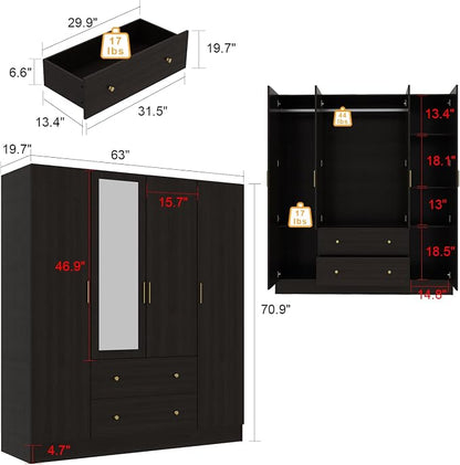 ECACAD Dark Brown Wardrobe Armoire with Mirror, 5-Tier Shelves, 2 Drawers, 2 Hanging Rods and 4 Doors, Wooden Closet Storage Cabinet for Bedroom (63”W x 19.7”D x 70.9”H)