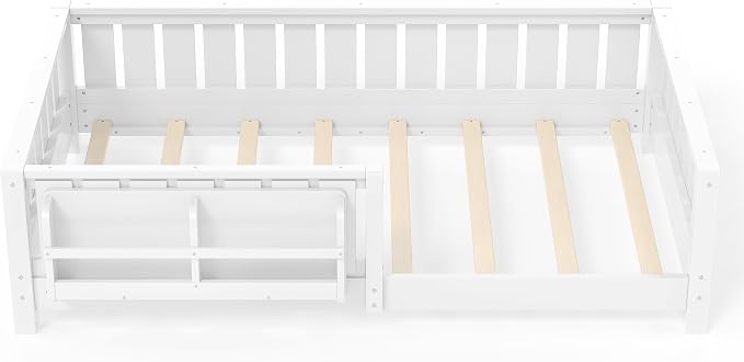 Bellemave Twin Floor Bed with high Rails and with Built-in Bookshelf for Kids, Girls, Boys, Wood Montessori Floor Bed Without Door, White