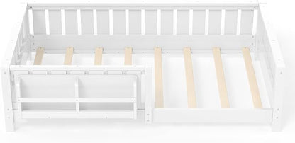 Bellemave Twin Size Montessori Floor Bed with Slats and Fence, Twin Size Montessori Bed with Rails and Bookcase, Easy Assemble Floor Beds Frame, White