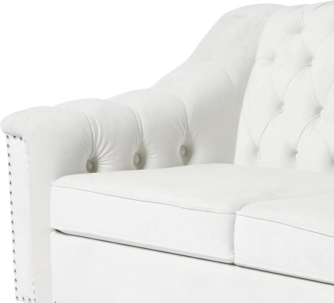 LEVNARY White Velvet Chair for Bedroom, Upholstered Sofa Chair with High Back, Mid-Century Modern Armchair with Solid Wood Legs, Single Couches for Living Room (White)