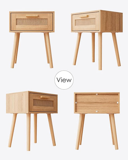 Aienvey Rattan Nightstand, Small Night Stand, Side Table with Drawer Open Shelf, Cane Accent Bedside End Table with Wood Legs, Bohemian Wood Nightstand for Bedroom, Oak (Bohemian)