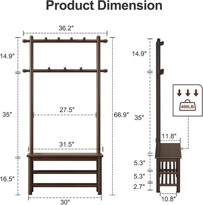 AQIMUELE Hall Tree, Coat Rack with Shoe Storage, Wooden Hall Tree with Bench, 11 Hooks and 2-Tier Storage Shelves, Entryway Bench with Coat Rack (31.5" - Deep Walnut)