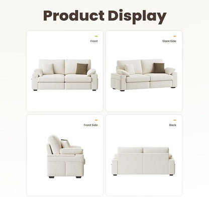 MALOL 76" Loveseat Couch, 3 Seater Upholstered Midcentury Mondern Love Seat with USB Type C Ports, 4 Pillows and Storage Armrest Cloud Foam Sofa for Living Room/Small Spaces, Beige | Breathable material