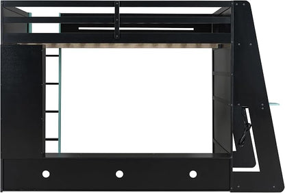 Merax Full Size Loft Bed with Desk, Multi-Storage Shelves and RGB Light | Space-Saving Wooden Gaming Bed Frame with Charging Station and Guardrail