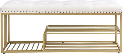 Linen Bench with Storage-Entryway Shoe Storage with Tufted Padded Seat,Gold Mental Frame Ottoman Bench for Bedroom Entry Window Mudroom Living Room,Beige