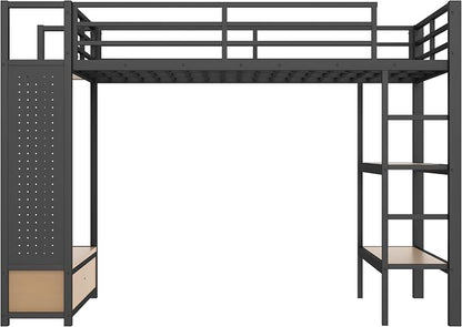 Bellemave Full Size loft Bed with Wardrobe and Storage Shelves and Pegboard Drawers, Metal Full Loft Bed Frame for Adults, Kids, Teens, Black