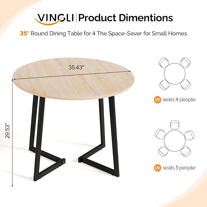 VINGLI Round Dining Table for 2-4, 35in Modern Dining Room Table with Cross Leg, Light Oak Wooden Kitchen Table, Space-Saving, Small Space Circle Dinette for Home, Kitchen, Apartment