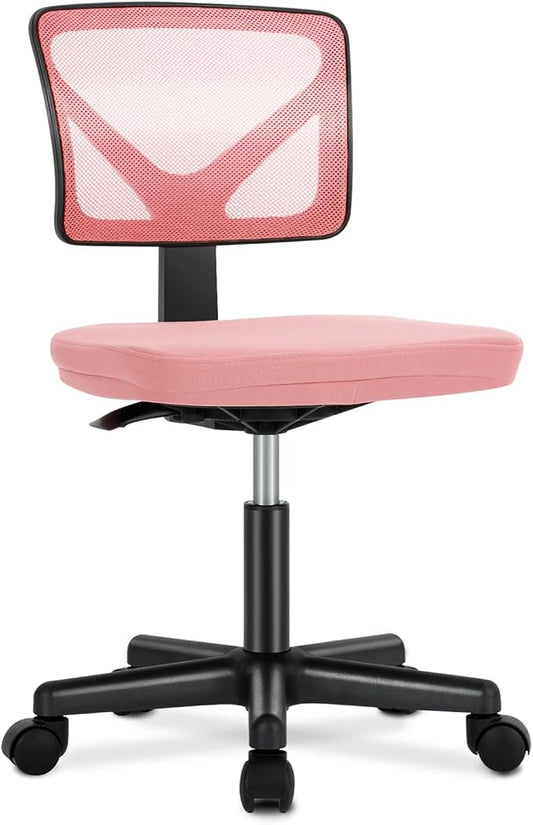 Sweetcrispy Small Desk Chair, Ergonomic Low-Back Mesh Rolling Work Swivel Chairs with Wheels, Armless Comfortable Seat Lumbar Support for Home, Bedroom, Study, Student, Adults,Classic Pink