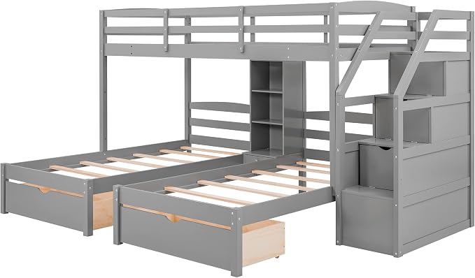 VilroCaz Twin Size Triple Bunk Bed with Drawers and Staircase, Solid Wood Bunk Bed Frame with Safety Full-Length Guardrail and Built-in Shelves, 3 Beds in 1 for Kids Teens Adults
