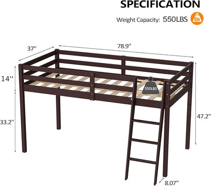 VINGLI 47'' Tall Junior Low Loft Bed with Stairs, Wood Loft Bed Twin Size for Adults, Kids and Young Teens, No Box Spring Required,Wood Slat Support, Espresso