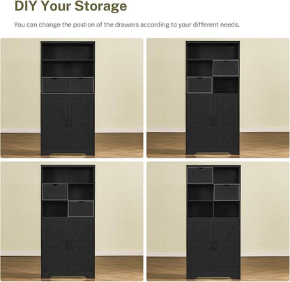 TEENFON Storage Cabinet with Doors & 2 Drawers, Kitchen Cabinet with Adjustable Shelf, Pantry Cabinets, Bathroom Cabinets, for Living Room, Entryway, Home Office, Black