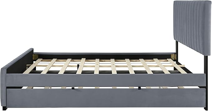 Ball & Cast Queen Bed Frame with Twin XL Size Trundle,Velvet Upholstered Platform Bed Frame Queen Size with Channel Tufted Headboard,Wood Slats Support,No Box Spring Needed,Easy Assembly,Gray