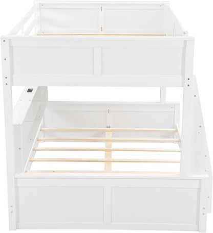RUNNA Full XL Over Queen Bunk Bed with Storage Cabinets,USB,Antique White | Full XL on top for teens, queen below for adults. Solid pine frame, full guardrails & built-in charging—every bed, every age.