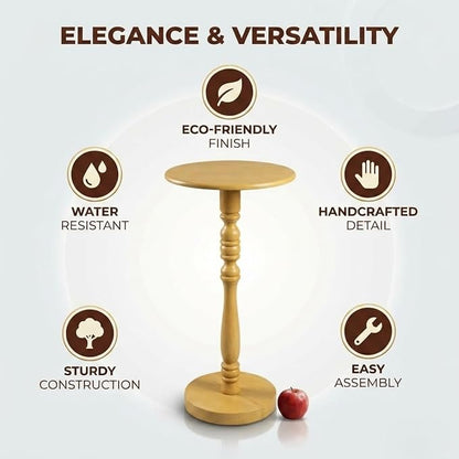 Relso Stambha Solid Wood Drink Table - 24" Tall Round Accent Side Table, Handcrafted Natural Finish, Mango Wood, Perfect for Living Room, Bedroom or Indoor Plant Stand, 12" Compact Top