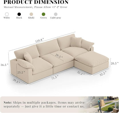 Modular Sectional Sofa Cloud Couch,Down Filled Comfy Cloud Modern Sofa,Khaki Linen L Shape Oversized Couch Cushion Covers Removable Furniture for Living Room