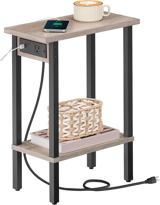 HOOBRO Narrow Side Table, 2-Tier Slim End Table with Charging Station, Skinny Nightstand with Open Storage, for Small Spaces, Living Room, Bedroom, Study, Greige and Black BG240UBZ01