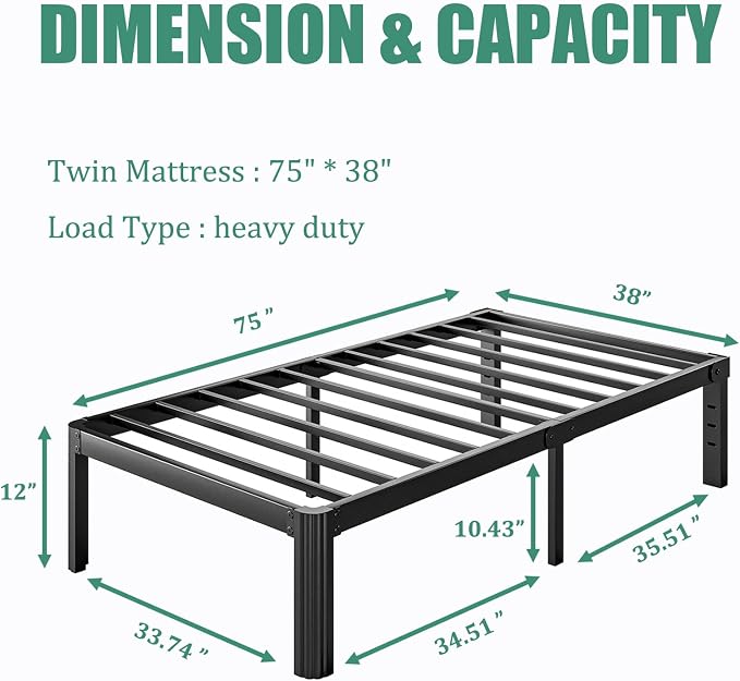 12 Inch High Twin Bed Frame No Box Spring Needed, Platform Metal Bed Frame Twin, Heavy Duty, Noise Free, Easy Assembly, Black