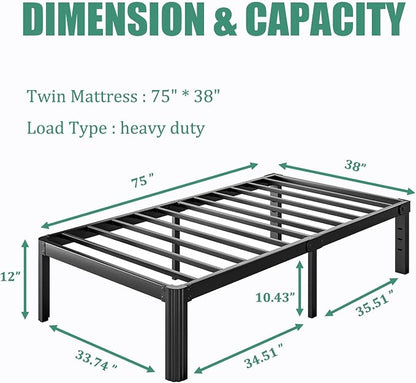 12 Inch High Twin Bed Frame No Box Spring Needed, Platform Metal Bed Frame Twin, Heavy Duty, Noise Free, Easy Assembly, Black