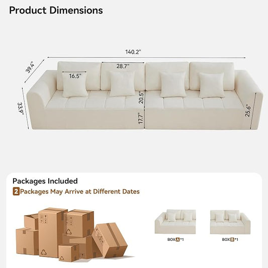 140''Modular Sectional Couches for Living Room, Cloud Boneless Compressed Sectional Sofa, Oversized 4 Seater Upholstered Memory Foam Sofa, No Assembly, Chenille Beige