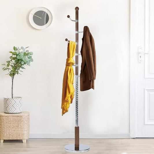 Wooden Coat Rack Freestanding, Hall Tree Hanger With Resin Hooks, Adjustable Heavy Duty Coat Rack for Hanging Clothes Bags Hats in Living Room Bedroom (coat rack, metal-cherry color)
