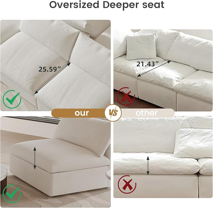 Cloud Modular Sectional Sofa with Storage Ottoman,160.6" Down Filled Comfort L Shaped Sofa Couch for Living Room,Minimalist Wide Deep Seat Convertible Couches,4 Seater and 1ottoman,White