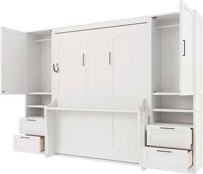 Merax Queen Size Murphy Bed with Desk, Multifunctional Foldable Wall Bed with Closet, Drawers and Shelves, Space-Saving Wood Platform Bed Frame for Small Spaces Studio Study Office Guest Room, White