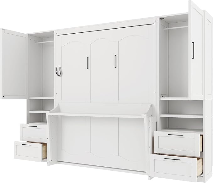 Merax Queen Size Murphy Bed with Desk, Closet, Drawers and Shelves, Fold into the Wall, Space-Saving Foldable Wood Platform Bed Frame for Small Spaces Studio Study Office Guest Room, White