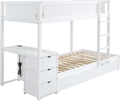 Harper & Bright Designs Twin Over Twin Bunk Bed Twin Size Trundle, Wood Twin Bunk Bed with USB Ports, Storage and Desk, White