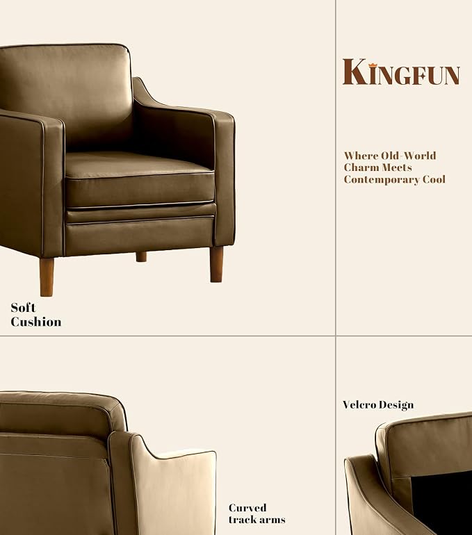 Kingfun Accent Chair Set of 2, Living Room Chairs, Faux Leather Reading Armchair, Mid Century with Solid Wood Foot, Upholstered Modern Decor for Bedroom, Apartment