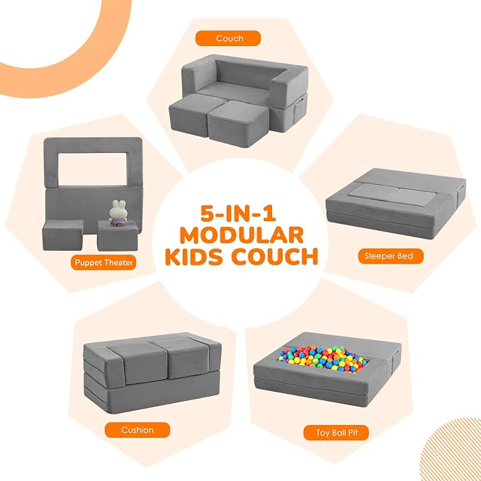 MeMoreCool Kids Play Couch Sofa – Grey Modular Convertible Foam Couch Soft Fold-Out Toddler Seating for Creative Play, Reading, Resting & Playroom Fun