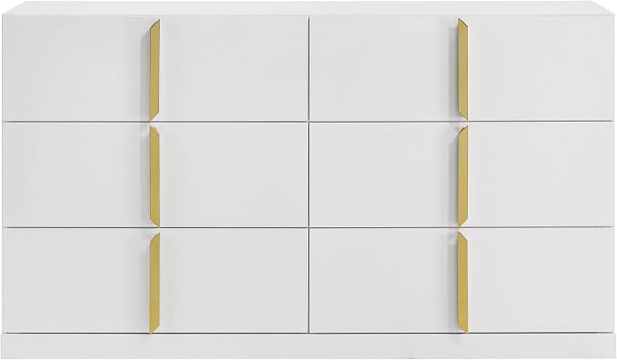 Coaster Home Furnishings - INES - Wood - 6-Drawer Dresser with Scratch-Resistant, Gold Pulls and Contemporary Style - Bedroom - White High Gloss - 223093
