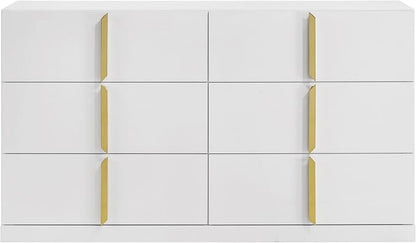 Coaster Home Furnishings - INES - Wood - 6-Drawer Dresser with Scratch-Resistant, Gold Pulls and Contemporary Style - Bedroom - White High Gloss - 223093