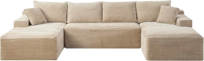 132" Oversized U-Shaped Cloud Sectional Couch Plush Corduroy Boneless Symmetrical Sofa, Front Facing Modular Compressed Boneless Sectional Sofa with Double Chaise Lounges