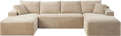 132" Oversized U-Shaped Cloud Sectional Couch Plush Corduroy Boneless Symmetrical Sofa, Front Facing Modular Compressed Boneless Sectional Sofa with Double Chaise Lounges