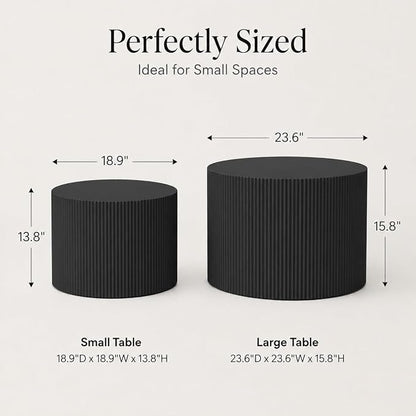 Otterease Round Coffee Table Set of 2, Modern Wooden Black Nesting Tables for Living Room, No Assembly Required Circle Side Tables Set Accent End Table for Bedroom, Balcony