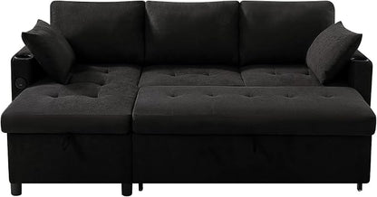 84" Fabric Pull-Out Couch Bed w/Adjustable Backrests, Black | Sectional Sleeper Sofa w/USB Ports & 2 Cup Holders, Upholstered L-Shaped Couch w/Storage Chaise for Living Room, House