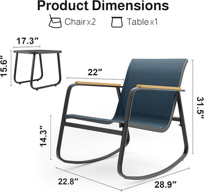 Aiho 3 Piece Rocking Bistro Set, Textilene Fabric Patio Furniture Set, Front Porch Rocker Chairs with Coffee Table for Lawn, Garden, Balcony, Poolside (Blue)