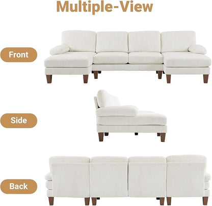 VINGLI 110' U Shaped Comfy Sectional Couch, Double Chaise Sofa in Corduroy Fabric for Apartment, 4-Seater Upholstered Couch with Memory Foam, Modern Couches for Living Room, Small Space, Beige