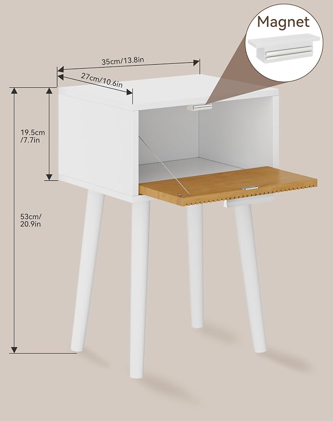 YMYNY Narrow Fluted Nightstand Set of 2, Small End Table, Modern Coffee Table with Drawer, Solid Wood Legs, Retaining Chain, for Bedroom and Small Spaces, White and Natural UHST014WN-2