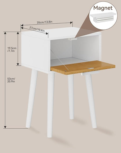 YMYNY Narrow Fluted Nightstand Set of 2, Small End Table, Modern Coffee Table with Drawer, Solid Wood Legs, Retaining Chain, for Bedroom and Small Spaces, White and Natural UHST014WN-2