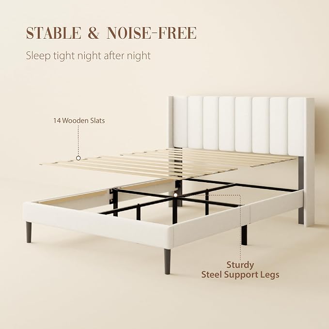 Sismplly Queen Size Bed Frame and Headboard,Vertical Channel Tufted Wingback No Box Spring Needed, Mattress Foundation, Easy Assembly White