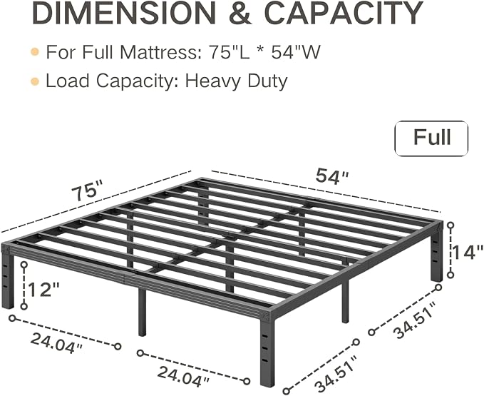 Full Size Bed Frame 14“ High Heavy Duty Metal Platform Bed Frame,Sturdy Steel Support,No Box Spring Needed,Noise-Free,Easy Assembly