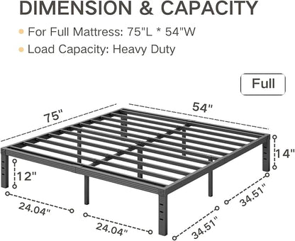 Full Size Bed Frame 14“ High Heavy Duty Metal Platform Bed Frame,Sturdy Steel Support,No Box Spring Needed,Noise-Free,Easy Assembly