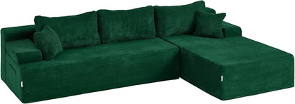 Hobestluk Modular Sectional Sofa Couches L-Shape Couch 3 Seat Modular Sofa Memory Foam Sectional Couches for Living Room, Cloud Couch with Oversized Chaise (Green Corduroy, 108", Right Hand Facing)