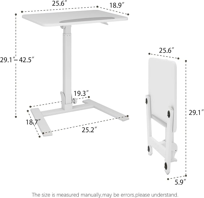 PUNCIA 25" Mobile Folding Desk, No Assembly Required Pneumatic Sit-Stand | Adjustable Height Laptop Table, 0-90° Tilt Top Computer Cart for Home Office, Small Space, Bedroom and Dorm, White
