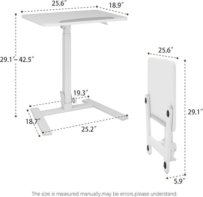 PUNCIA 25" Mobile Folding Desk, No Assembly Required Pneumatic Sit-Stand | Adjustable Height Laptop Table, 0-90° Tilt Top Computer Cart for Home Office, Small Space, Bedroom and Dorm, White