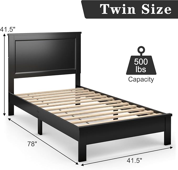 Wood Bed Frames with Headboard, Mid Century Bed Frame with Solid Wood Legs & Wooden Slat Support, Mattress Foundation Bed Base, No Box Spring Needed, (Black, Twin)