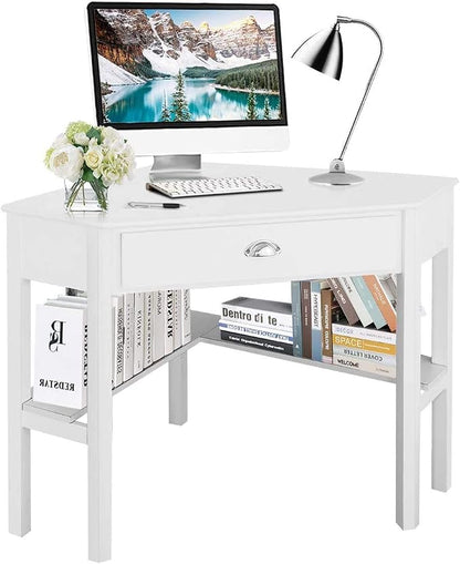 LDAILY White Corner Desk, Triangle Corner Computer Desk for Small Space, Compact Writing Desk with Storage Shelves & Drawer, Space Saving Small Makeup Vanity Desk for Bedroom, Home Office