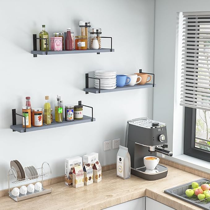 Floating Shelves, 24 Inches Easy to Install Wall Mounted Shelves, Set of 3, Rustic Wood Shelves for Wall Decor, Storage Shelves for Living Room (Grey)